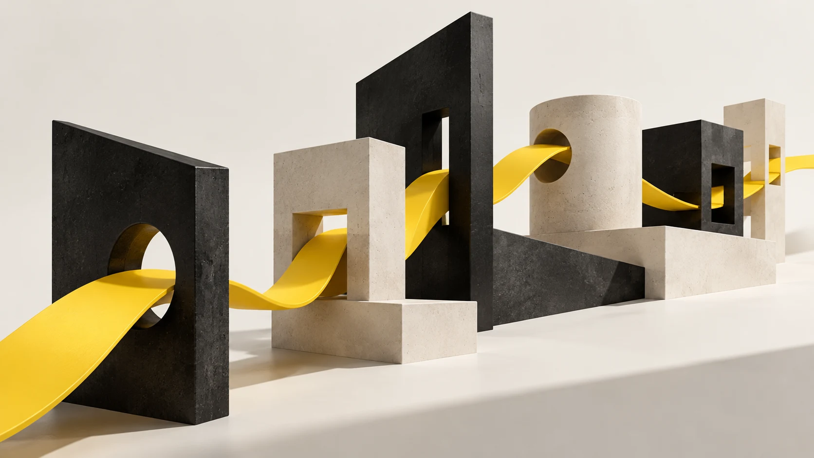 Composición abstracta de piezas conectadas en amarillo, negro y marfil